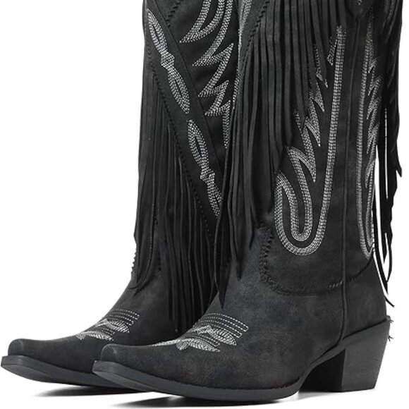 Women Fringe Knee High Cowgirl Western Boots with Classic Embroidery Pointed Toe - Picture 4 of 5